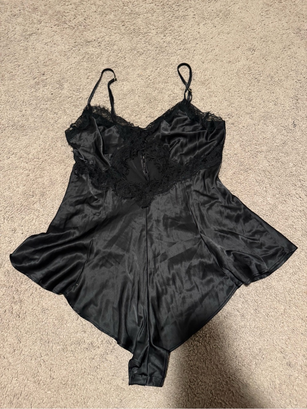 Victorias Secret Black Lace-Trim Satin Romper Bodysuit - Women Intimates